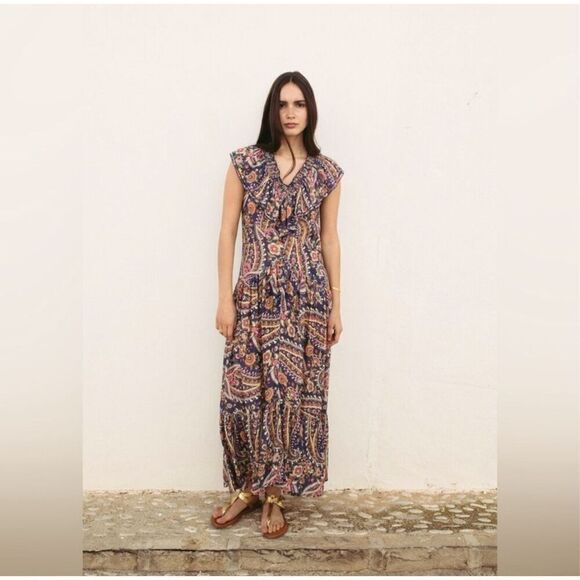 Sonmer Womens Paisley Ruffled Smocked Neck Maxi Dress Multicolor Size Medium NWT - Picture 1 of 12